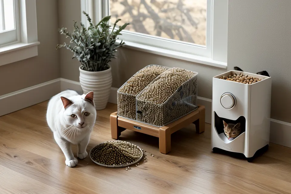 Replacing a desiccant moisture-absorbing pack in an automatic cat feeder lid.
