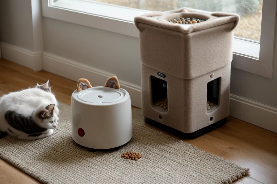 A comfortable cat bed placed next to an automatic feeding station.