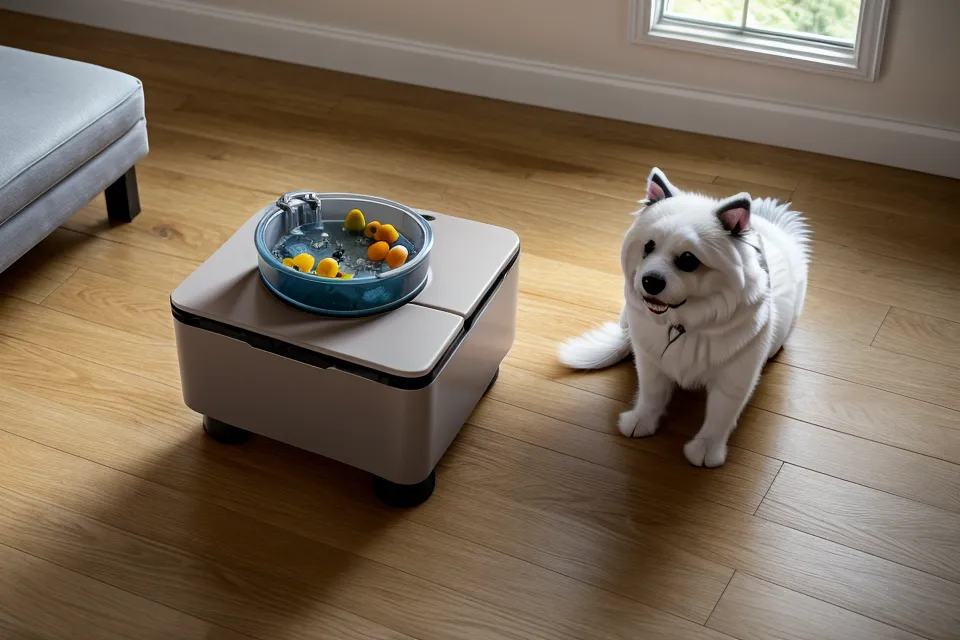 Modular cat fountain tank disassembled for easy cleaning on a kitchen counter