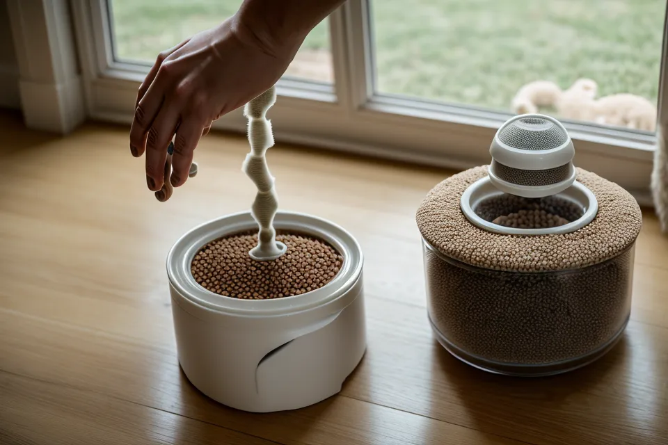 Cleaning the dispensing chute of an automatic cat feeder with a dry cloth.