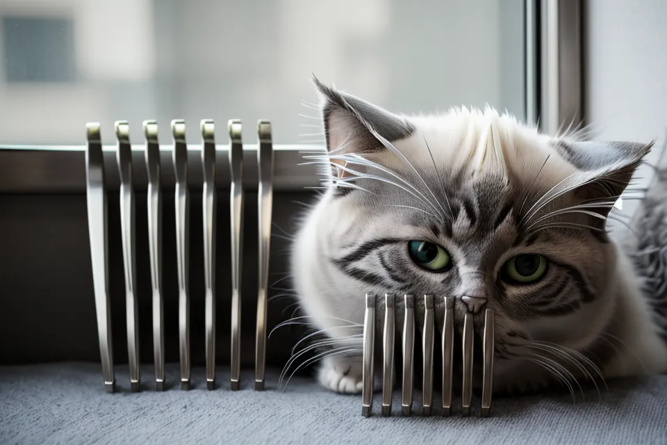 Close-up of a stainless steel cat comb with white fur caught in the teeth.