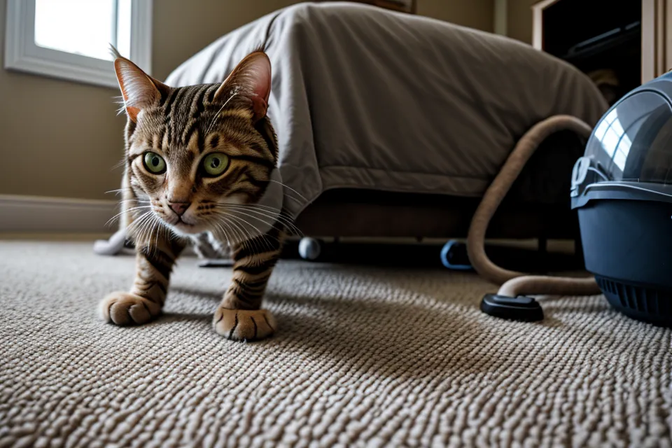 A tabby cat hiding under a bed away from a grooming vacuum attachment.