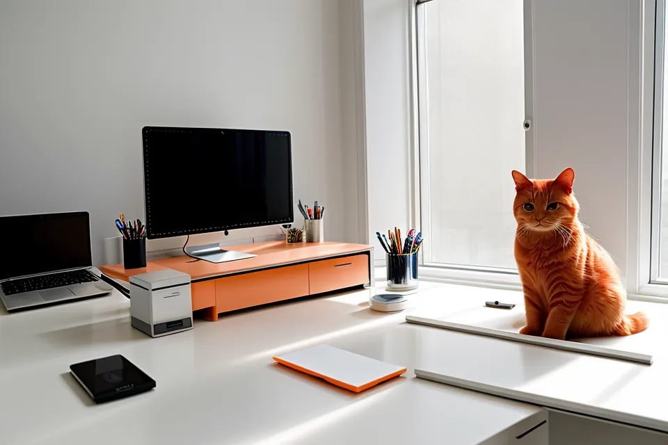 A single cat hair on a computer monitor next to a professional grooming rake.
