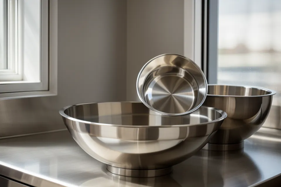 Close-up of a stainless steel cat food bowl from an automatic feeder