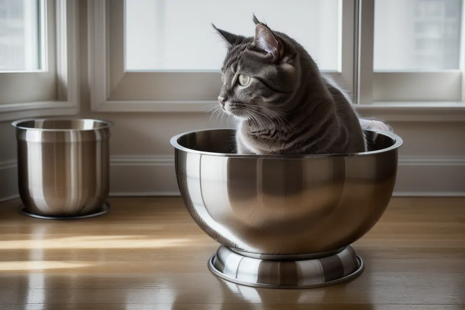 Close-up of a stainless steel pet bowl with fresh kibble.