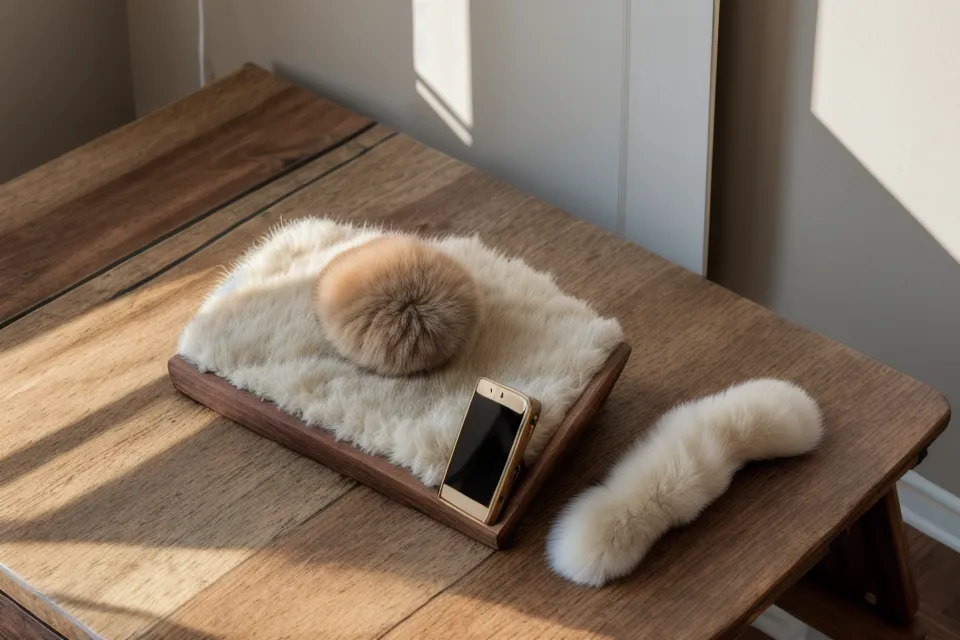 Smartphone on a desk showing a successful pet feeding notification.