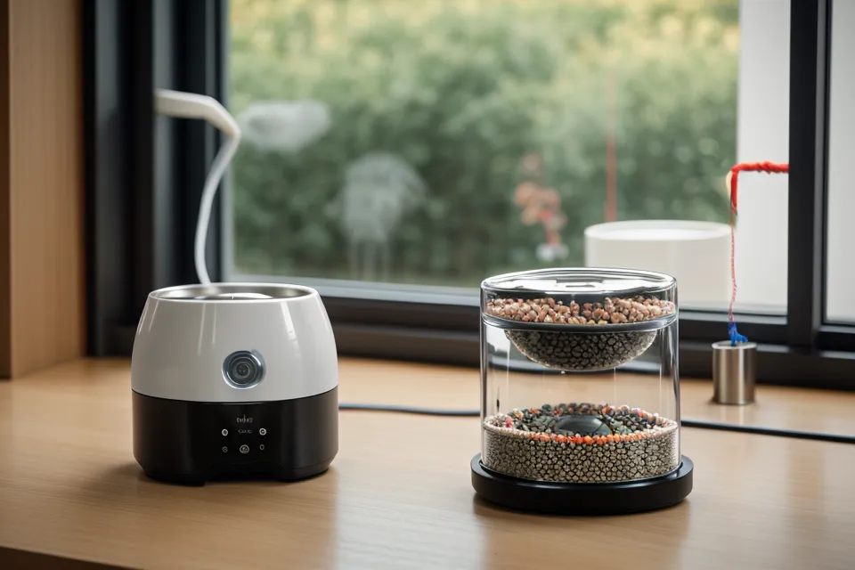 Close-up of a smart pet feeder indicator light and stainless steel bowl.