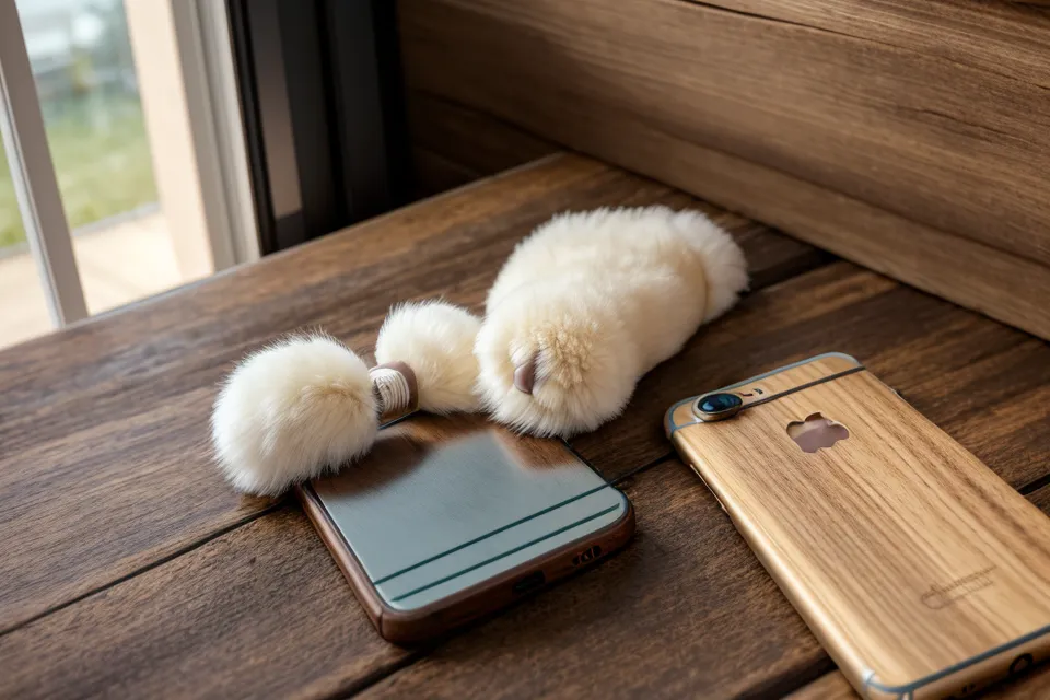 Smartphone on a desk displaying a pet feeder app notification.