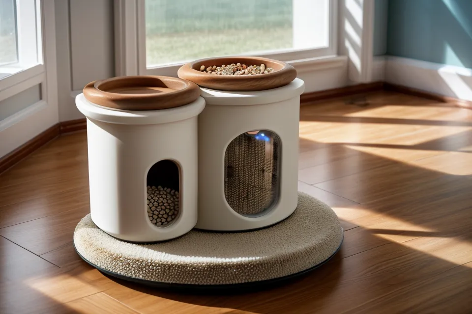 Close-up of an automatic pet feeder base sitting on a grey silicone mat.