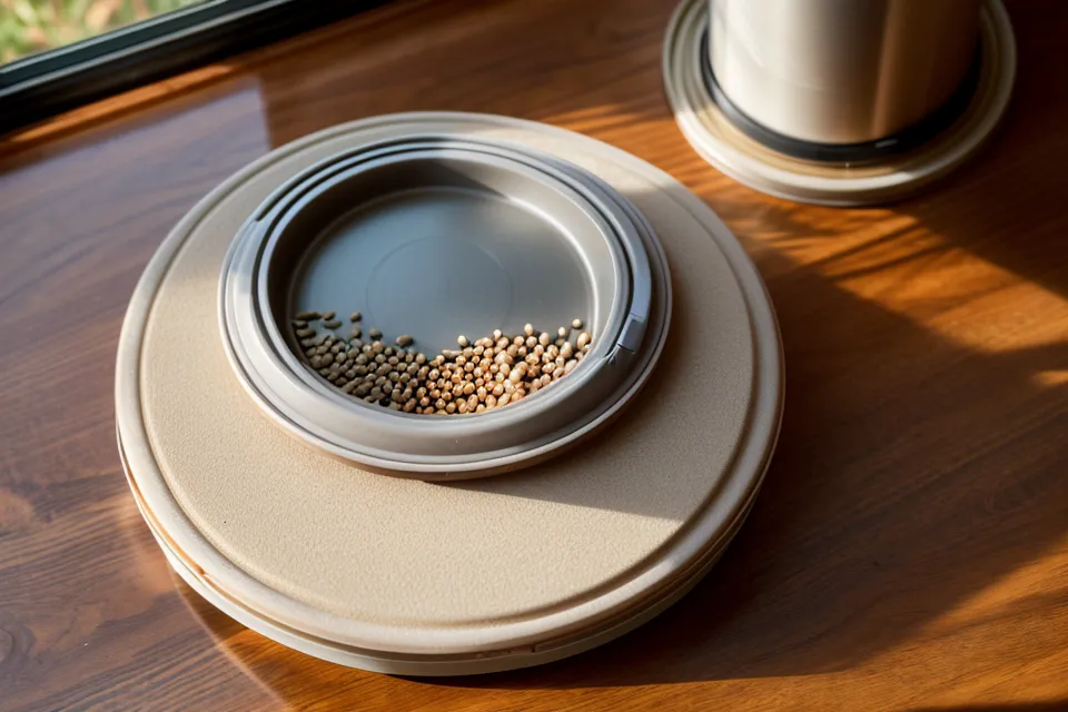 Top view of a cat feeder lid showing the desiccant bag compartment and seal.