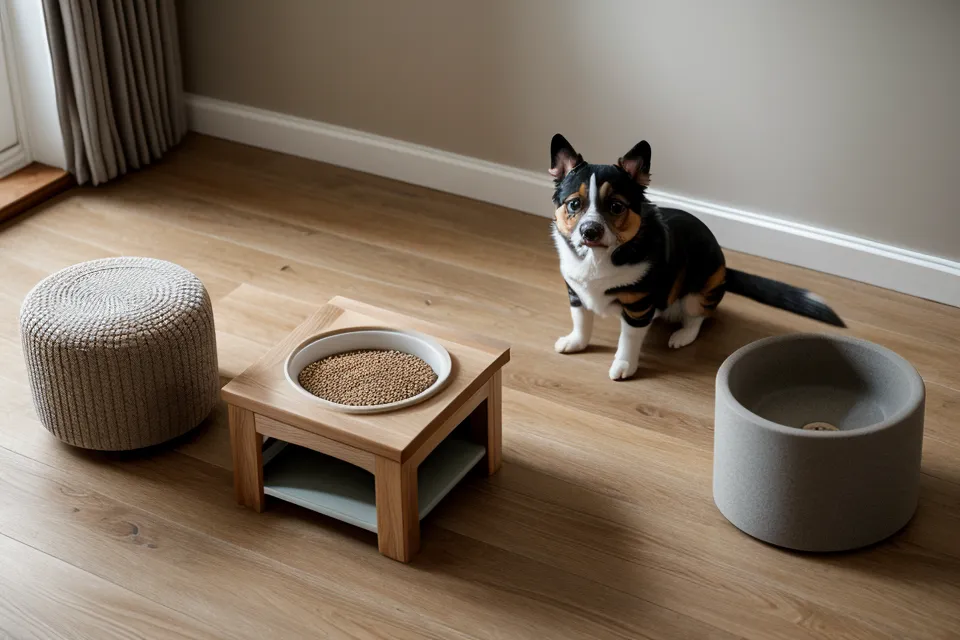 Automatic pet feeder positioned away from walls to prevent ant access.