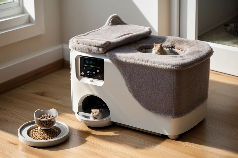 Close up of a cat paw near a smart pet feeder on a rug