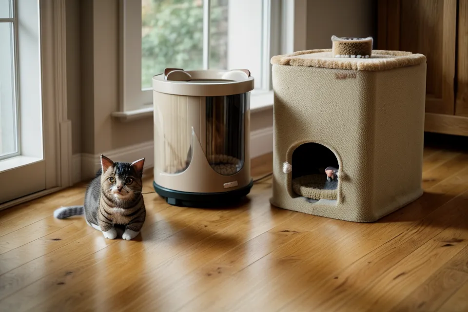 Cat kibble being poured into a smart feeder hopper