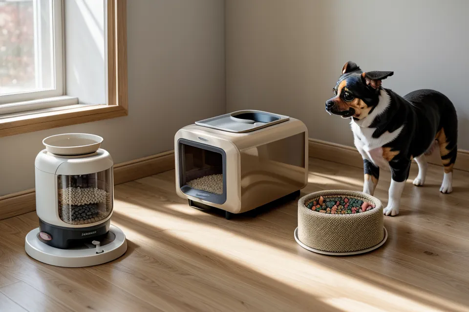 Two stainless steel cat feeding bowls on a grey mat