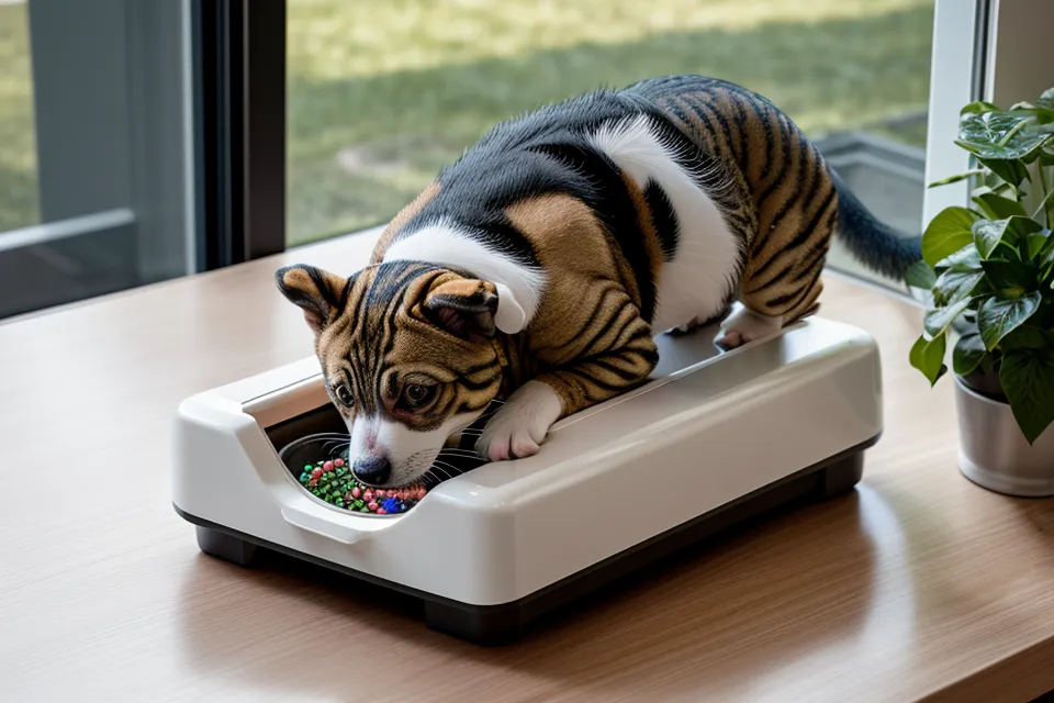 Close-up of the microSD card slot and battery backup on a pet feeder.