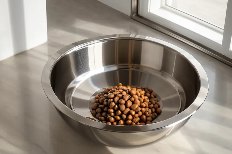Close-up of a stainless steel bowl snapping into a smart pet feeder base.
