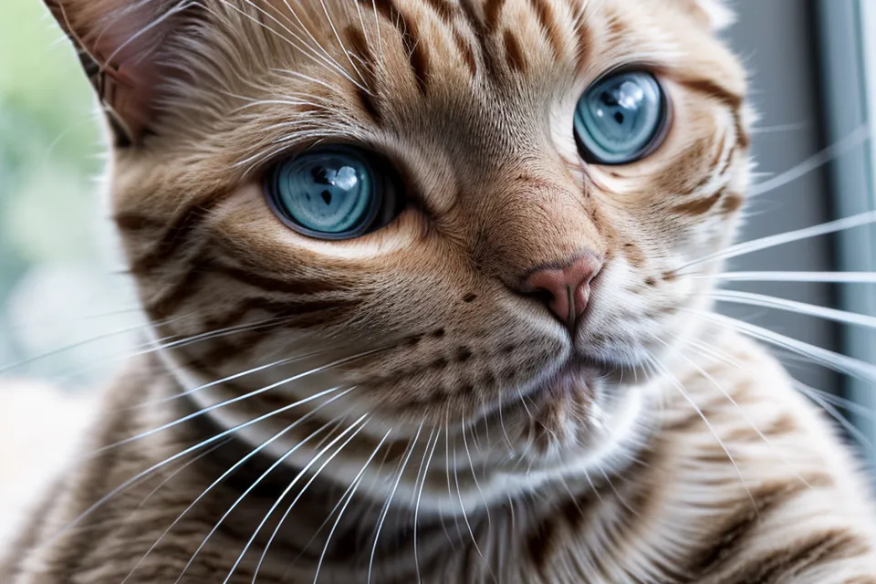 Extreme close-up of cat whiskers near a wide stainless steel feeding bowl.