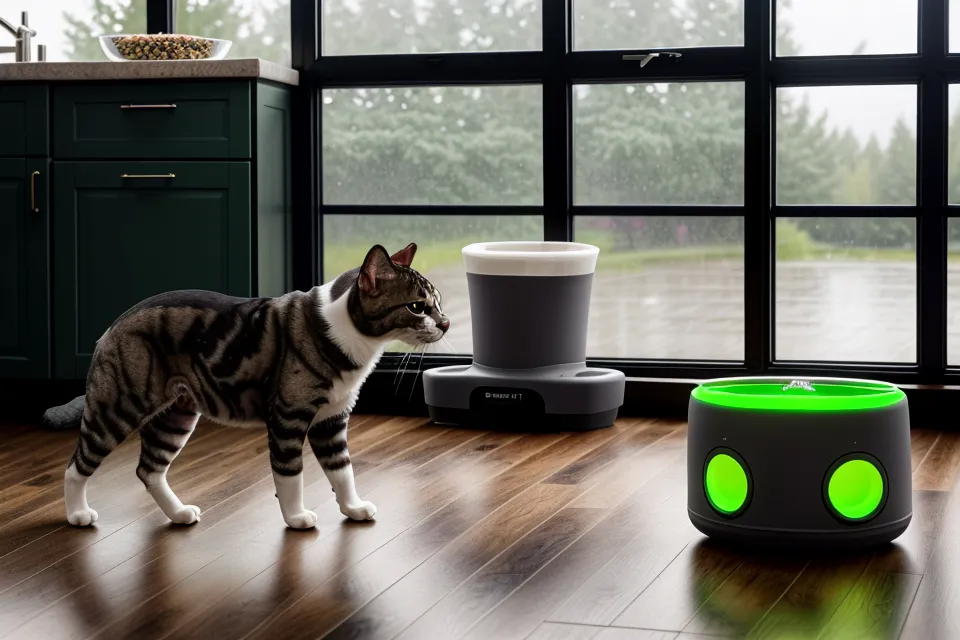 A smart pet feeder in a kitchen during a dark Denver thunderstorm.