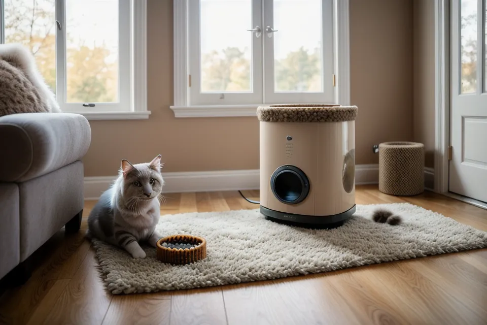 Close-up of a jammed plastic automatic pet feeder with crushed kibble.