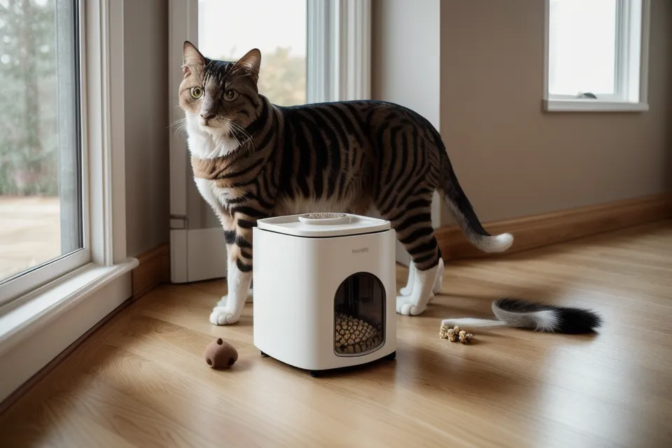 Smartphone notification showing a successful pet feeding alert in a home setting.