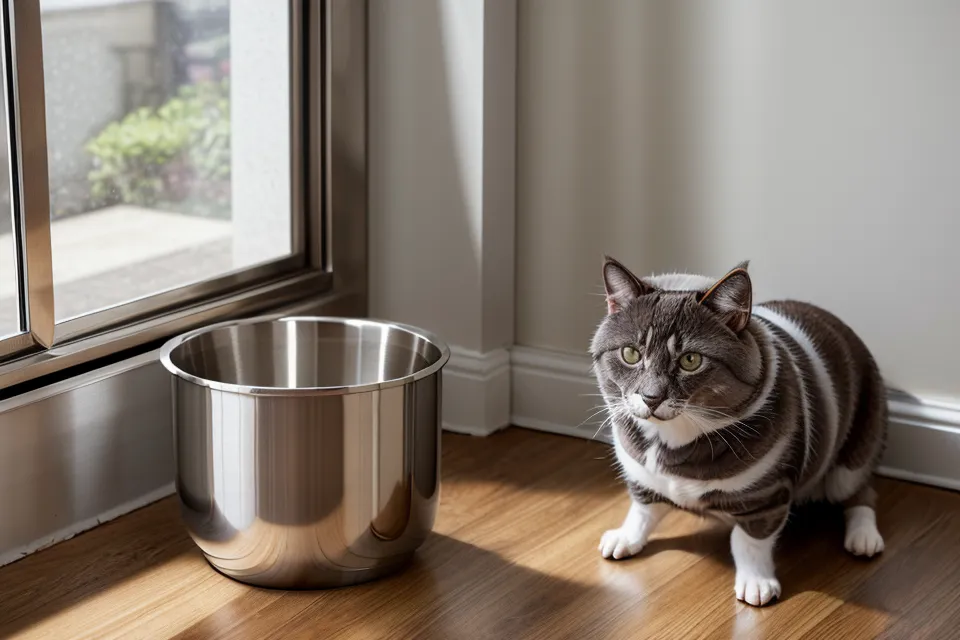 Close-up of a clean stainless steel pet food bowl containing dry kibble