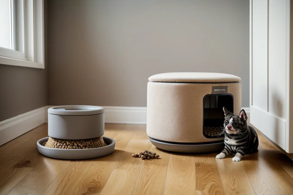 A sleek white smart pet feeder positioned on a wooden floor in a home
