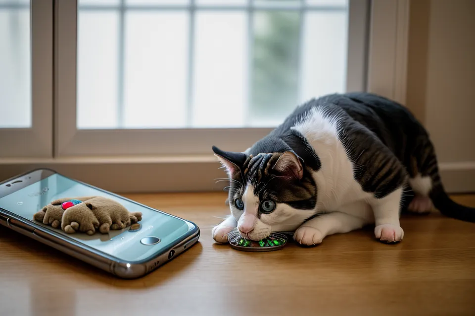 Smartphone with a pet app notification next to a laptop on a designer's desk