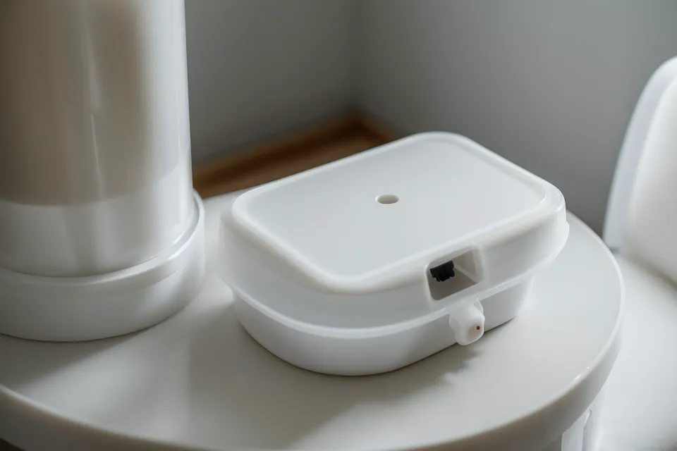 Close-up of a pet feeder sensor hoop with a tuft of cat fur.