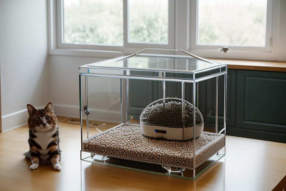A custom plexiglass shield attached to an automated pet feeder to prevent food theft.