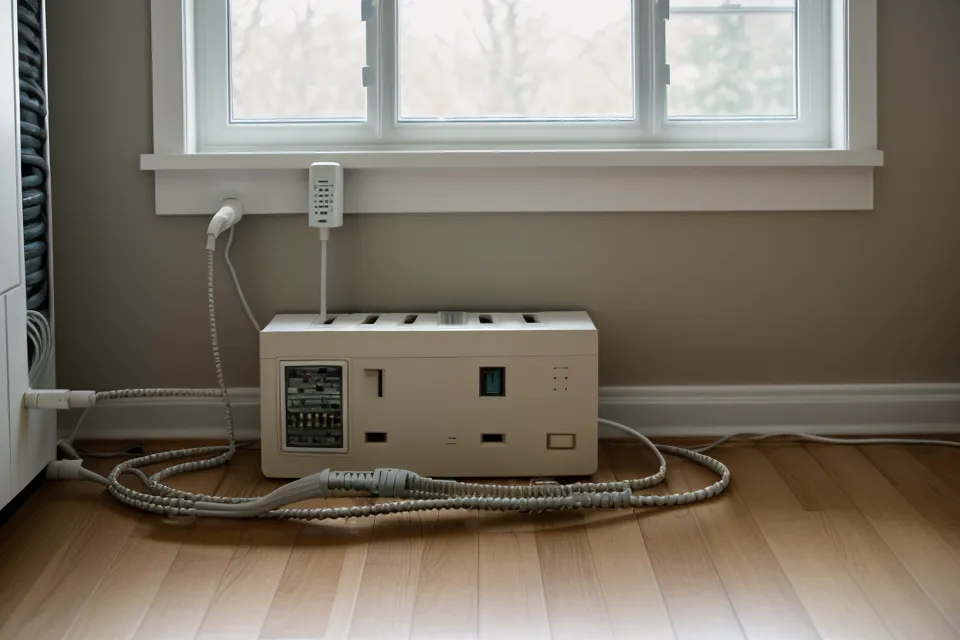 Close-up of organized power cables for pet gadgets behind a kitchen cabinet.