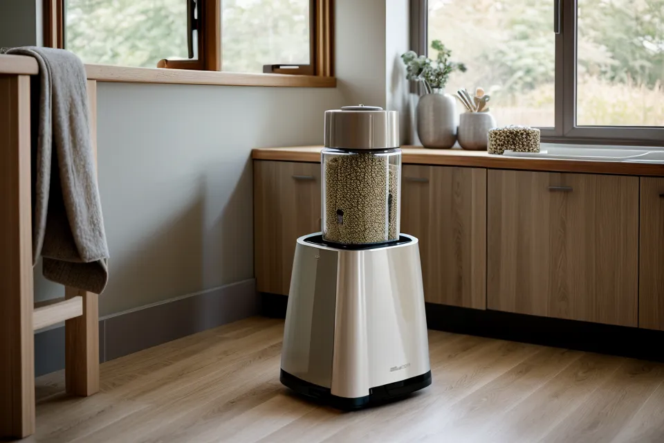 An automatic pet feeder with a stainless steel bowl on a raised kitchen platform.