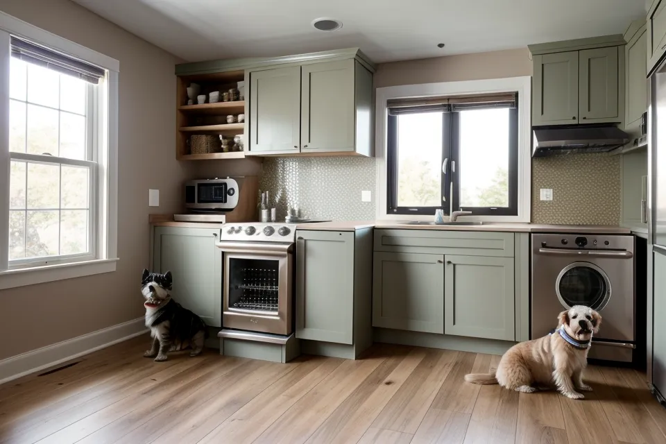 Automated cat litter box showing overhead vertical clearance in kitchen walkway