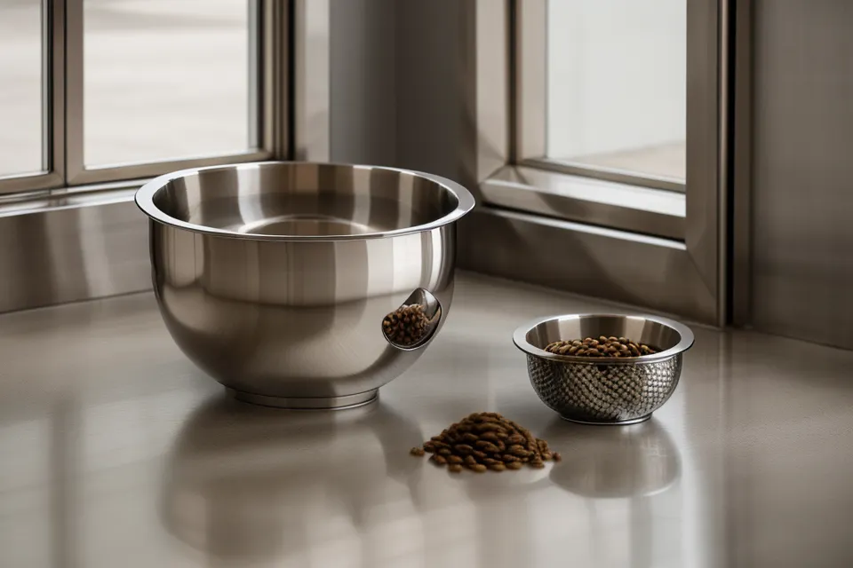 Close-up of a clean stainless steel pet food bowl with kibble