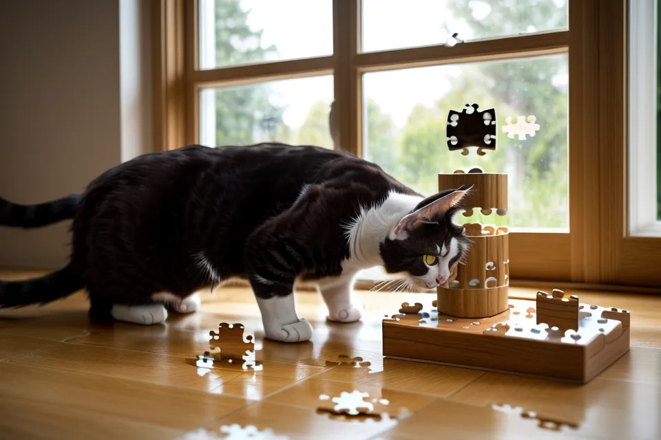 A cat interacting with a manual puzzle feeder next to an automated one.