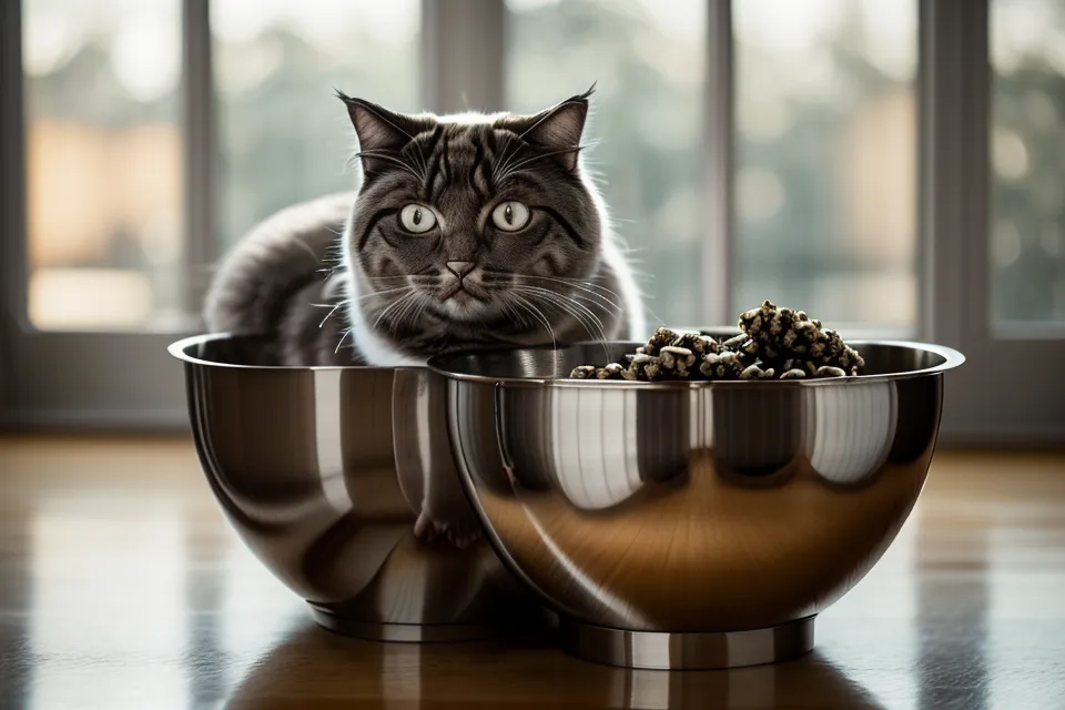 Stainless steel cat bowl positioned apart from a second feeder to keep a dual-cat feeding station from overlapping