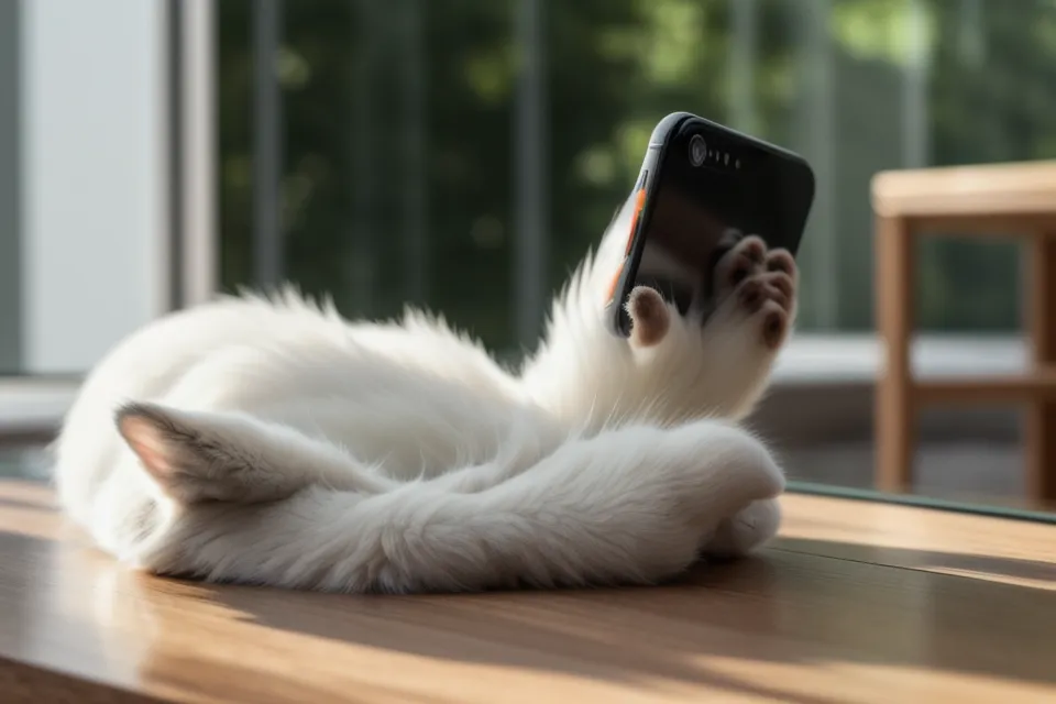 A smartphone showing an offline notification next to a cat's paw on a table.