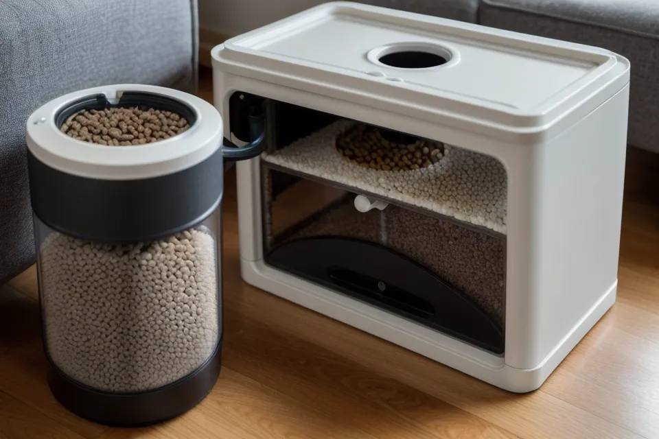 Close-up of D-cell batteries being installed into the bottom of a pet feeder.