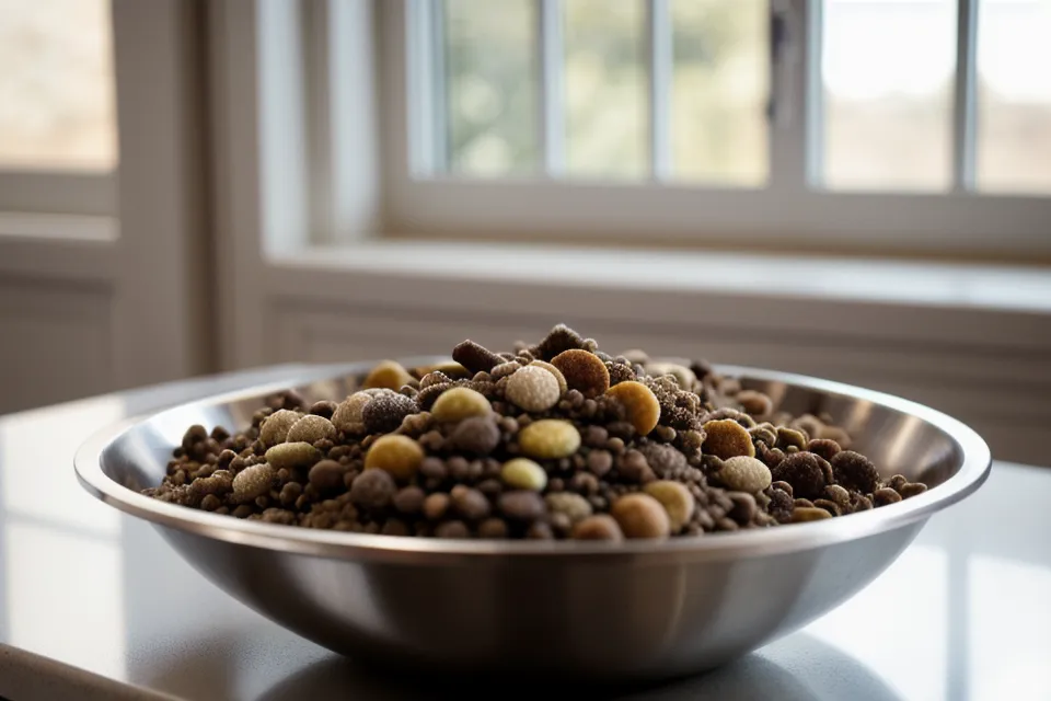 Close-up of cat kibble falling into a stainless steel pet bowl.