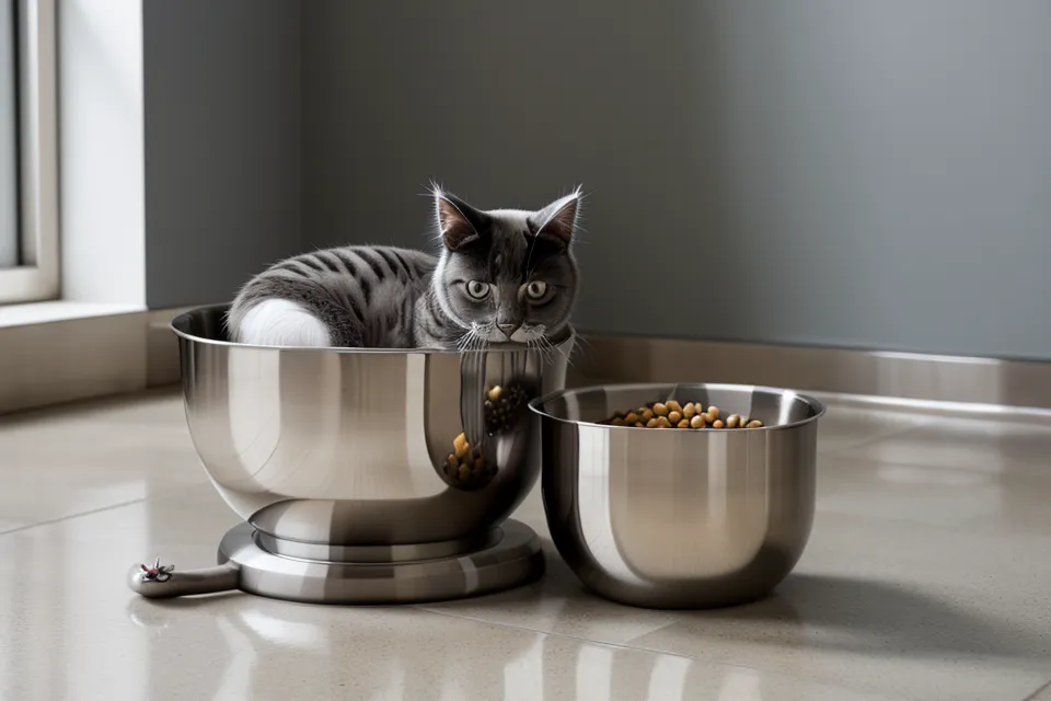 Close-up of a hygienic stainless steel bowl from a smart pet feeder.