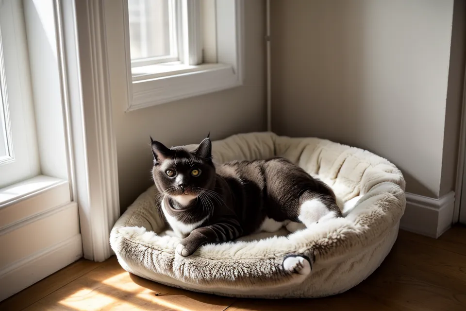 An orthopedic FunnyFuzzy cat bed in a cozy apartment corner.