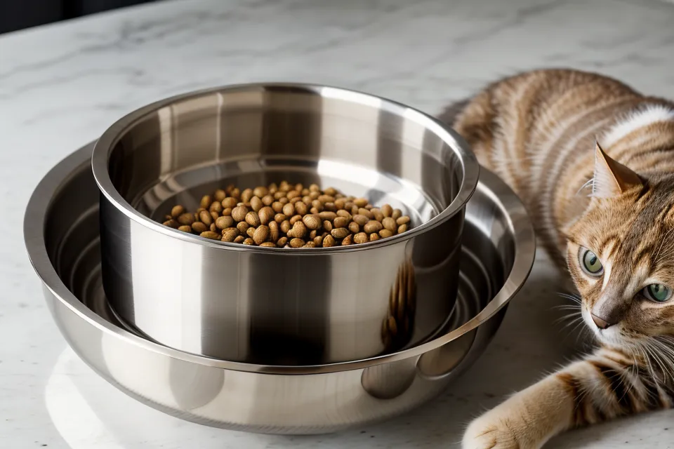 Close-up of a clean 304 stainless steel pet bowl with cat kibble.