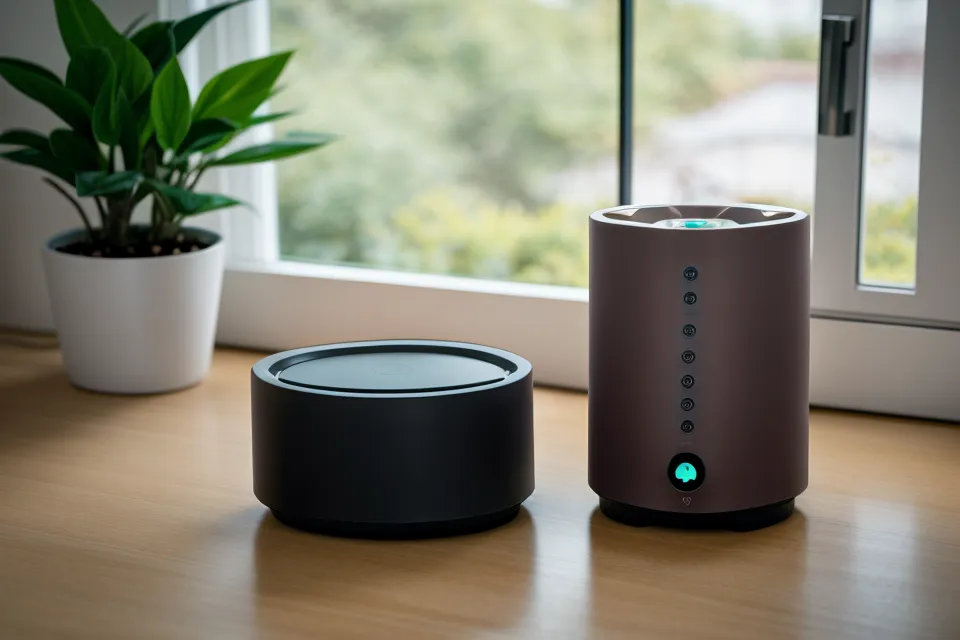 Close-up of an automatic pet feeder interface with a cat nearby.