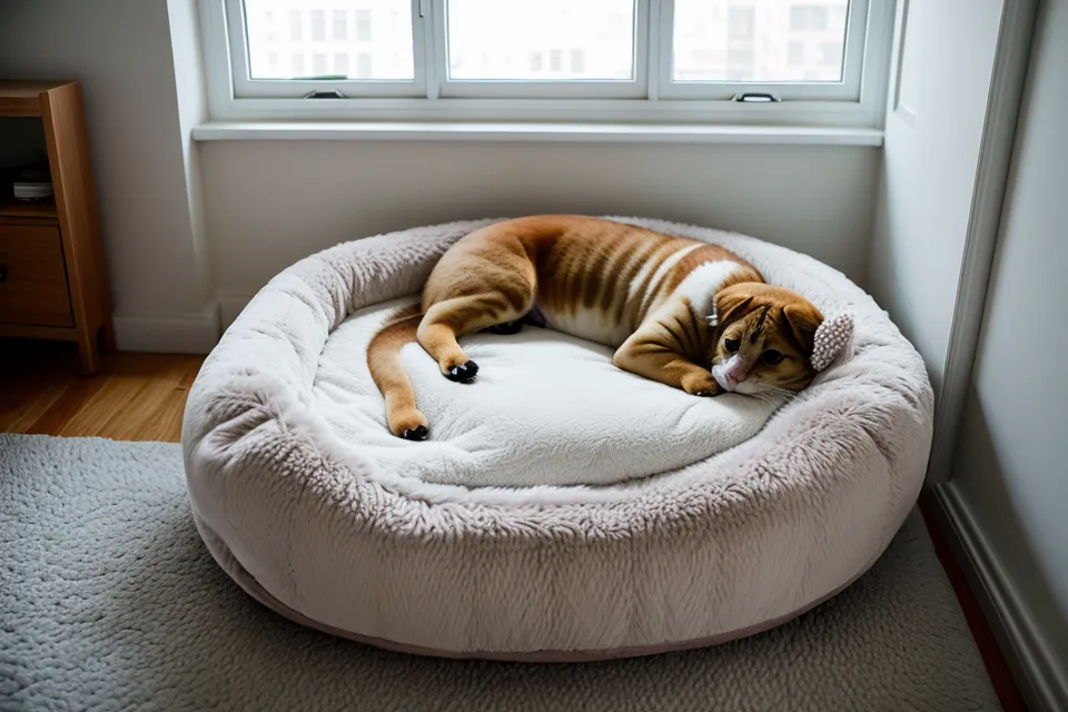 A plush orthopedic cat bed in a sunlit apartment corner.
