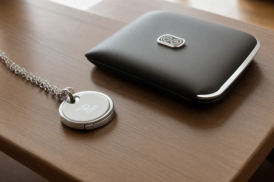 A small Maven pet activity tracker tag on a wooden table.