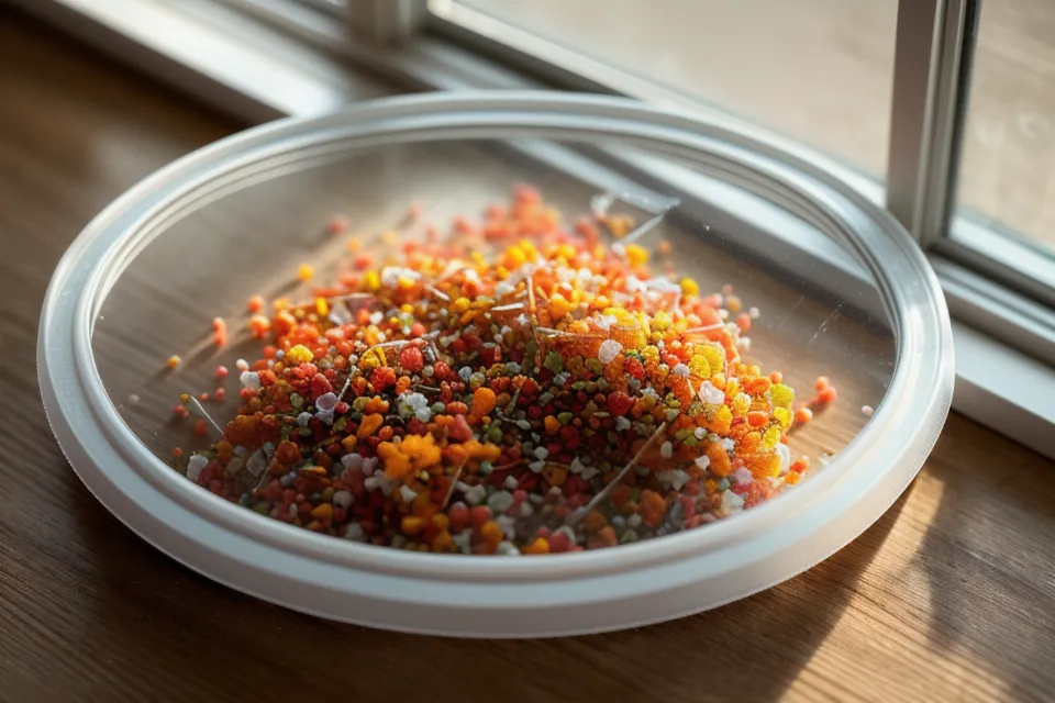 Close-up of an automatic pet feeder lid and infrared sensor mechanism.