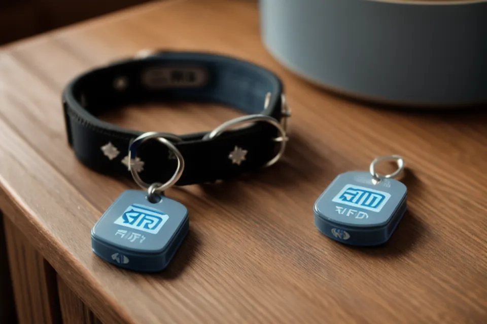 A small RFID pet tag sitting on a counter next to a coffee cup.