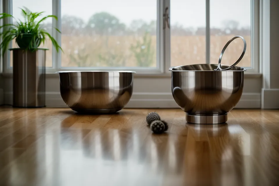 Close-up of a stainless steel feeder bowl with kibble