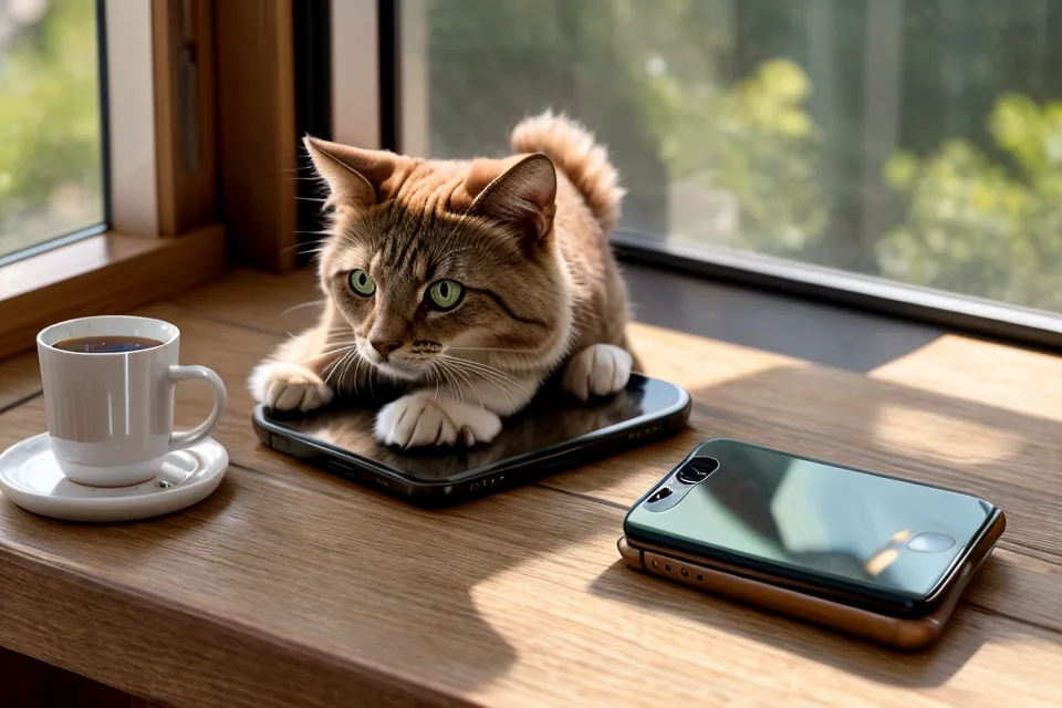 Smartphone showing a successful pet feeding notification next to a laptop