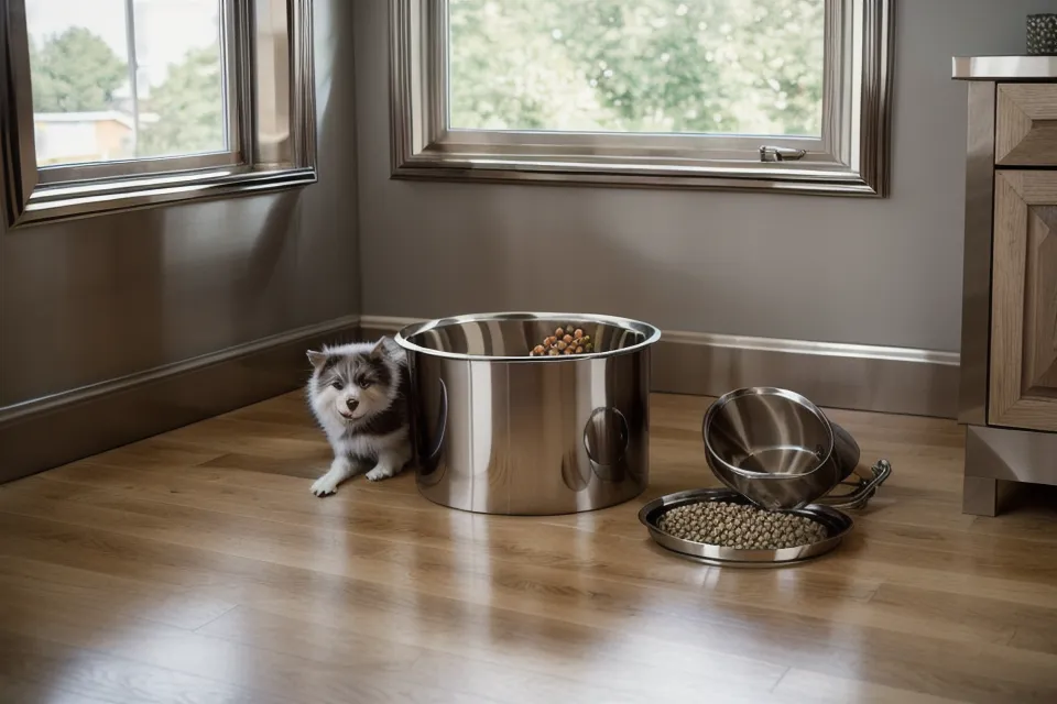 A clean stainless steel feeder bowl filled with cat food