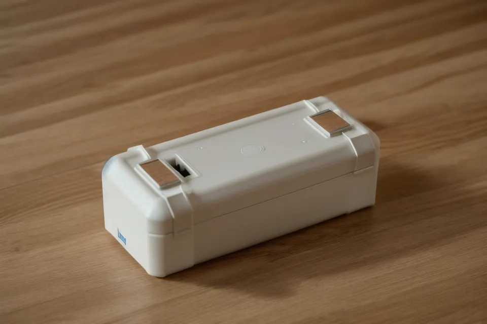 Close-up of the battery compartment of an automated pet feeder.